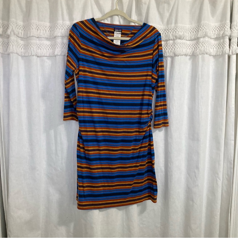 Patagonia Striped Knit Dress Cowl Neck 3/4 Sleeve Stretch Blue Orange Women's L